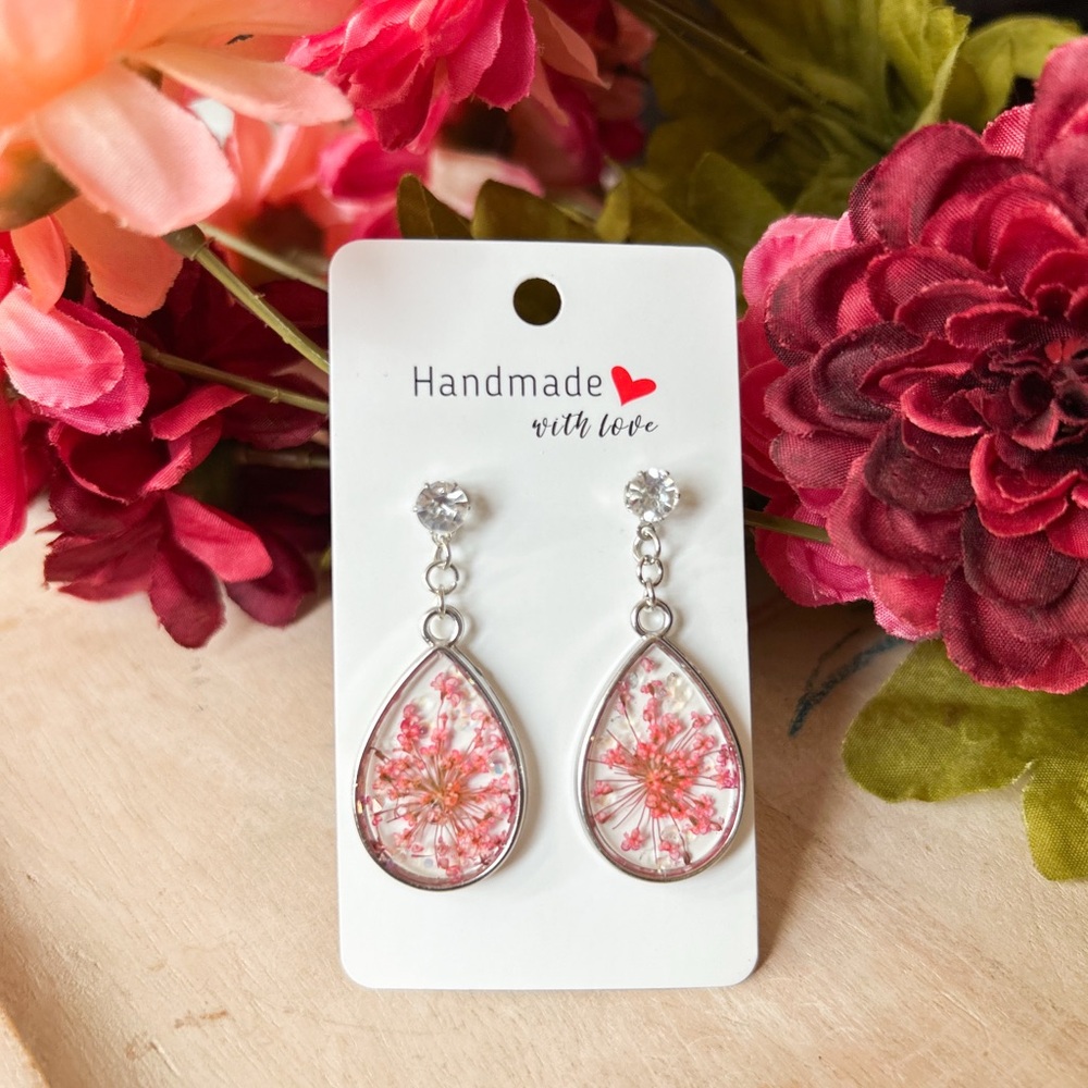 Floral resin Teardrop Earrings with Crystals